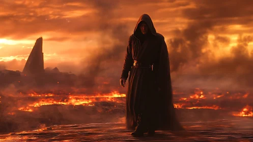 Hooded figure in volcanic wasteland under high-contrast ember sky