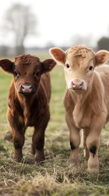 Twin pasture calves sharing a soft-sun meadow moment.