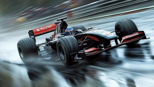 Formula race car on wet track at high speed motion blur.