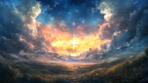 Luminous cross-shaped zenith over stratified twilight horizon.