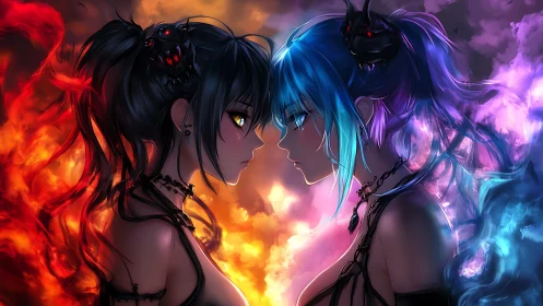 Twin elemental rivals press foreheads between fire and stormlight