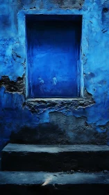 Weathered blue wall with empty recessed window frame.