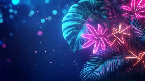 Neon tropical leaves glow against deep blue bokeh night