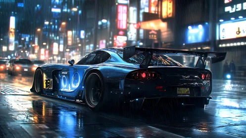 Cyber-noir tuner car idles under neon rain in night cityscape