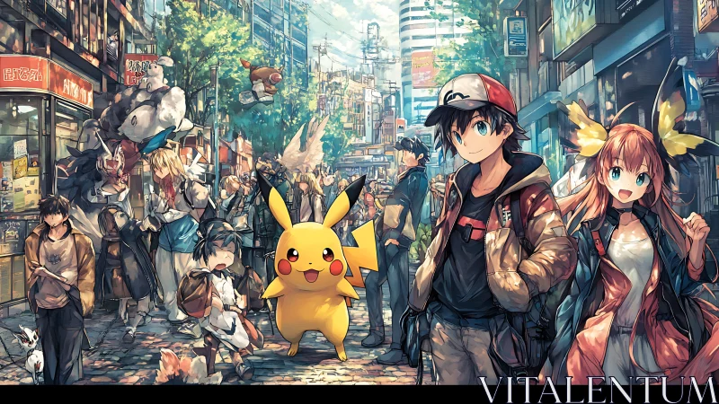 Urban anime street scene with Pikachu and trainers present.