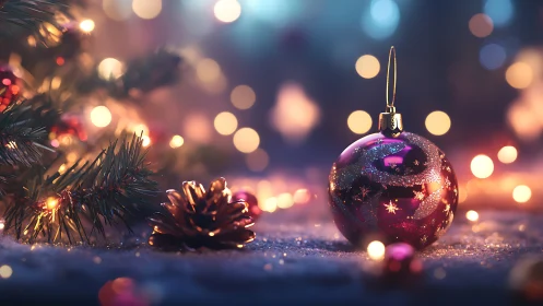 Purple glass ornament and pine branch with soft bokeh lights.