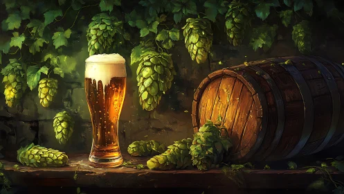 Golden craft beer with hops and rustic oak barrel still life.