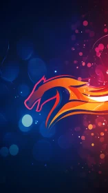 Flaming neon horse silhouette cuts through bokeh night field.