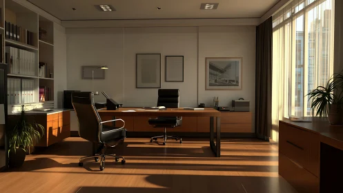 Sunlit executive office with modernist furnishings and glazing.