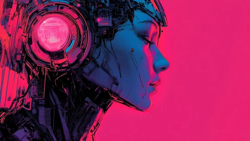 Neon cybernetic woman in profile merges human and machine.
