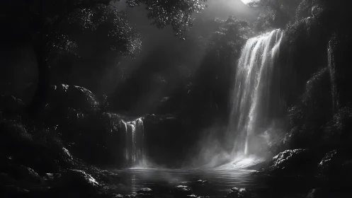 Moonlit waterfalls whisper in silver across a hidden gorge