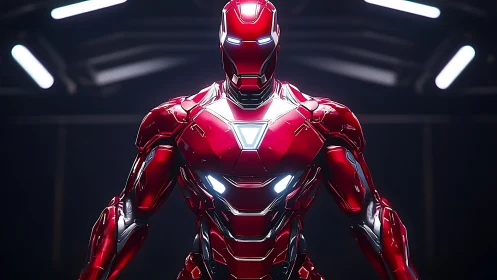 Crimson armored android under stark futuristic hangar lights.