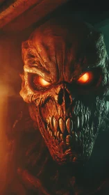 Fiery-eyed demon portrait glowing in deep shadowed gloom.