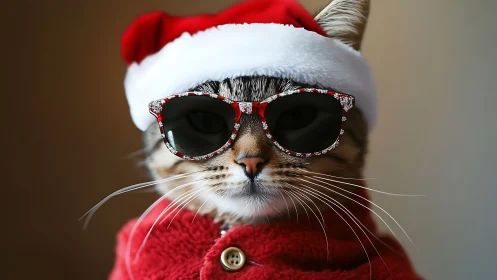 Festive Tabby Cat in Santa Attire and Decorative Sunglasses.
