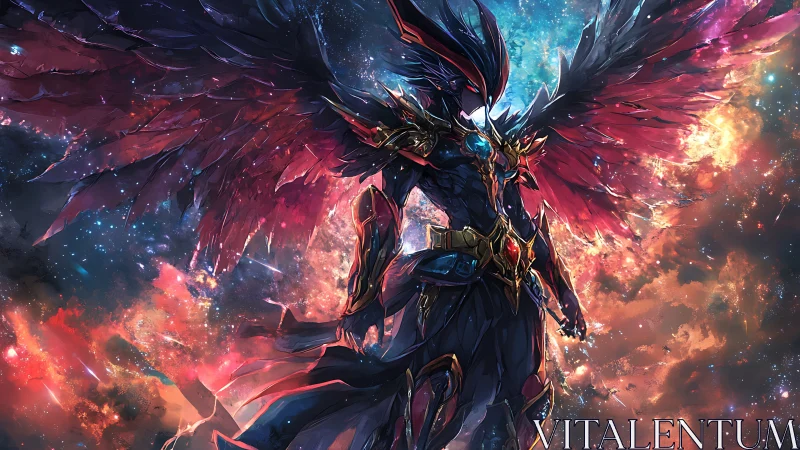 Celestial armored avian warrior with nebular wings and energy core