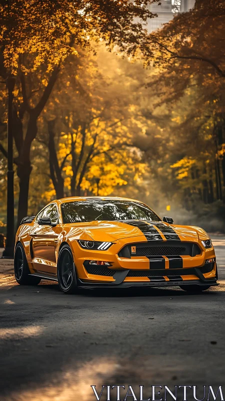 Golden muscle car anchors a sunlit, cinematic autumn boulevard