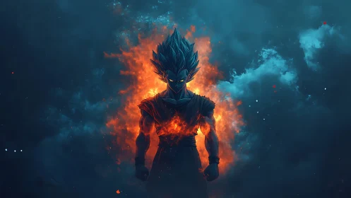 Fiery warrior glows with power in a stormy night sky.