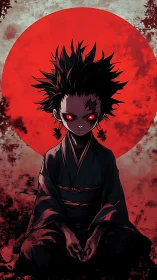 Demonic child meditates before blood moon circle.