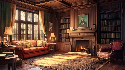 Warm wood-paneled library with fireplace and classic decor.