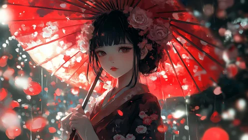 Girl under red umbrella stands in glowing night rain