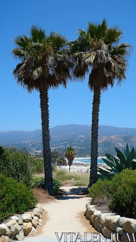 Twin palm trees frame a coastal pathway under clear skies
