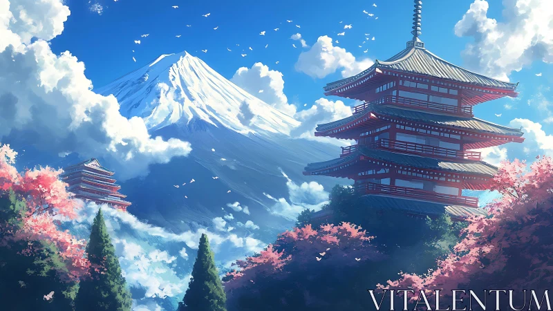 Mount Fuji above red pagodas in bright spring sky.