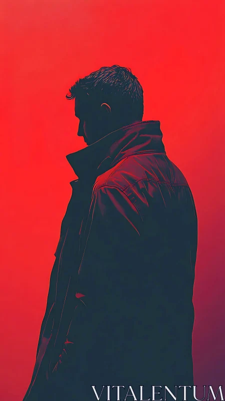 Solitary figure in high collar coat against neon red field.
