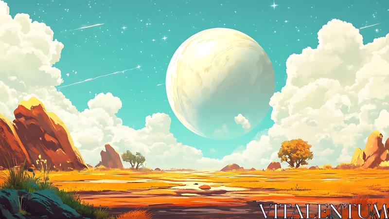 Distant planet above dry plain with clouds and rock formations.