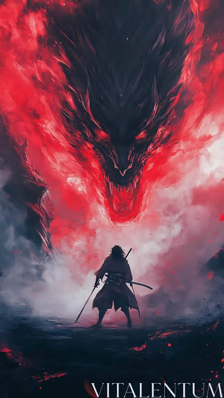 Lone swordsman confronts colossal flaming shadow dragon spirit.