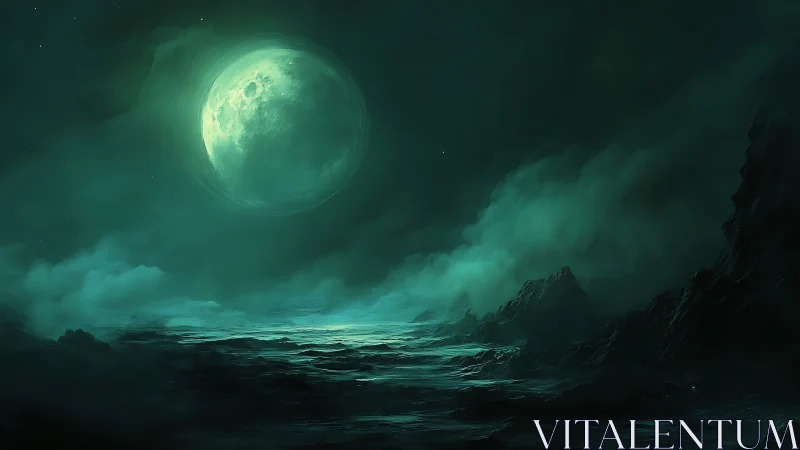 Emerald moonlit alien seascape with misted jagged cliffs.