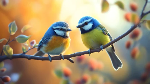 Two Colorful Blue Tits on Branch in Soft Autumn Light, Realistic Style.