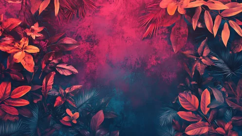 Neon tropical foliage frames vivid magenta gradient backdrop.