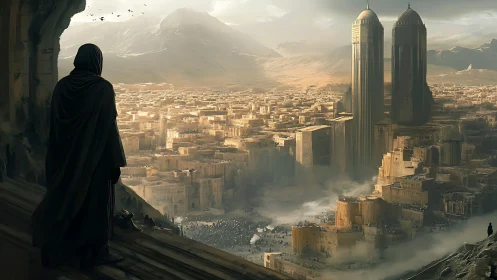 Cloaked observer surveying twin-tower desert megacity vista.