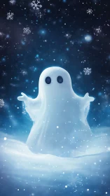 Ghost figure in snowy night with falling snowflakes.