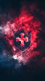 Crimson shield emblem bursts through dark cosmic smoke.