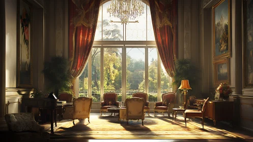 Sunlit grand salon inviting quiet conversations and rest.