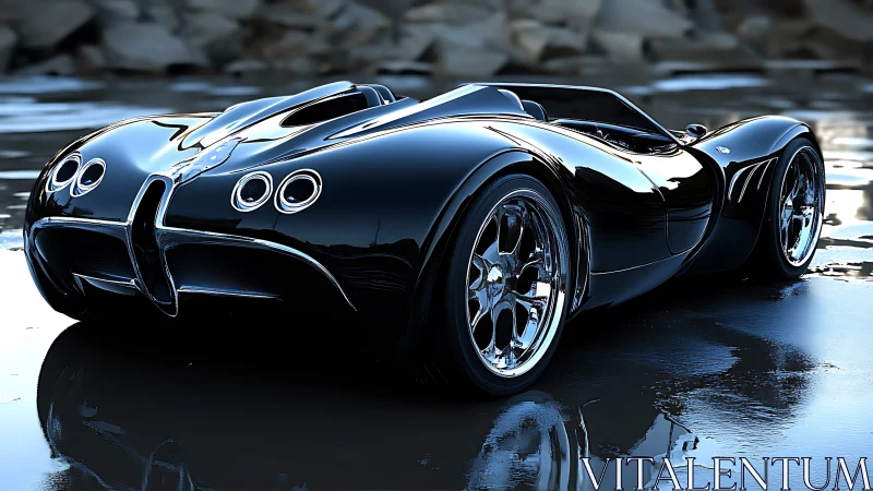 Low-slung black concept roadster with chromed multi-spoke wheels