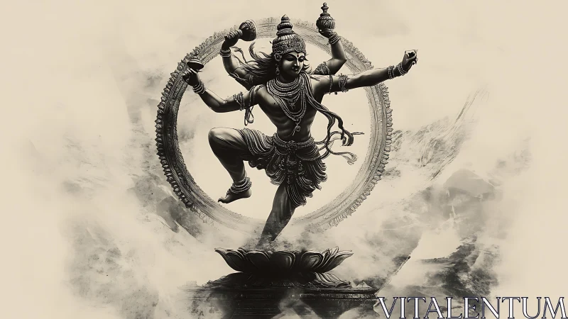 Shiva Nataraja bronze sculpture rises through swirling mist