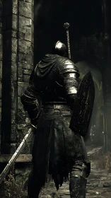 Weathered knight pauses on a lonely, crumbling stone path