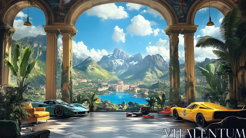 Grand terrace supercar gallery facing alpine lake panorama.