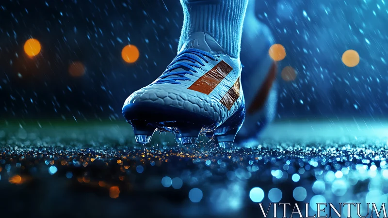 Football boot sole contacts wet pitch surface under rainfall