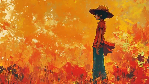 Straw-hatted silhouette amid incandescent painterly fieldscape.