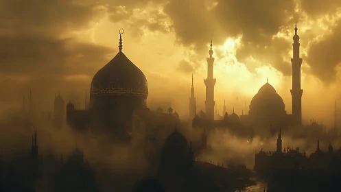 Silhouetted domed skyline in dense mist at sunrise.