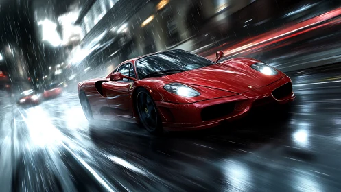 Aerodynamic red supercar slicing through wet nocturnal boulevard.