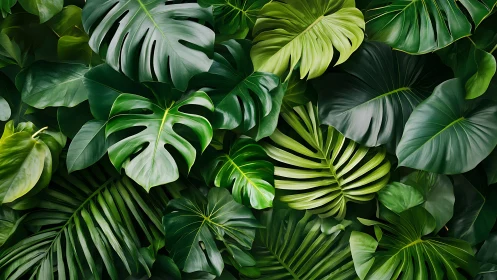 Overlapping tropical foliage fills frame with dense green leaves