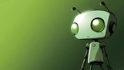 Lonely green-eyed robot on luminous gradient field.
