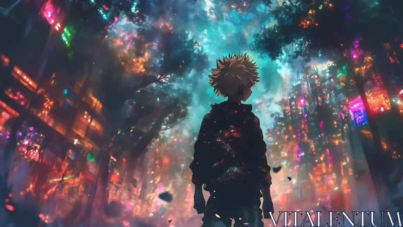 Silhouetted figure beneath luminous urban forest sky.