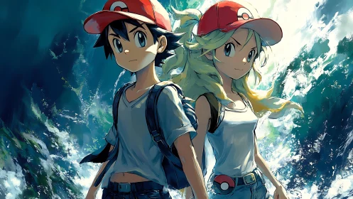 Anime trainers stand before crashing ocean waves in sunlight.