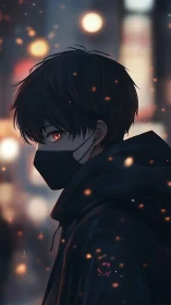 Masked anime youth in dark urban night scene profile view.