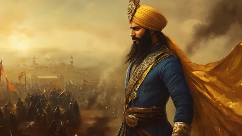 Sikh warrior leader in golden turban overlooking battlefield.